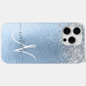 Blue Brushed Metal Silver Glitter Monogram Name Case-Mate iPhone Case (Back (Horizontal))