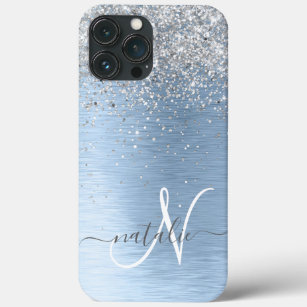 Blue Brushed Metal Silver Glitter Monogram Name iPhone 13 Pro Max Case