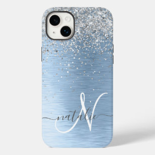 Blue Brushed Metal Silver Glitter Monogram Name Case-Mate iPhone 14 Plus Case