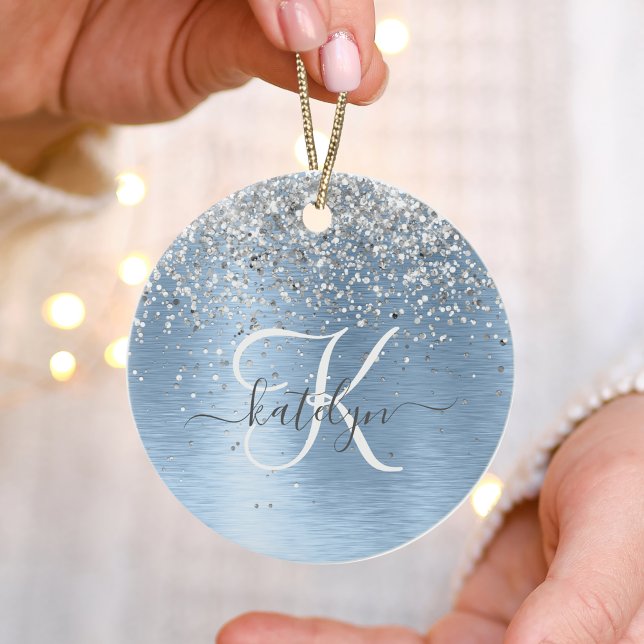 Blue Brushed Metal Silver Glitter Monogram Name Ceramic Ornament (Creator Uploaded)