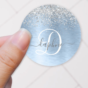 Blue Brushed Metal Silver Glitter Monogram Name Classic Round Sticker