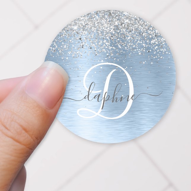 Blue Brushed Metal Silver Glitter Monogram Name Classic Round Sticker (Sparkly silver glitter and blue brushed metal sticker with your monogram and name.)