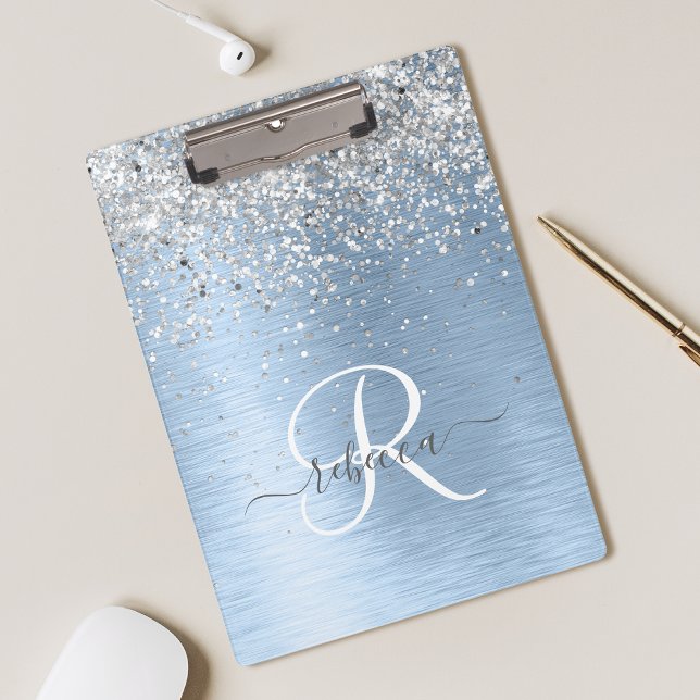Blue Brushed Metal Silver Glitter Monogram Name Clipboard (Creator Uploaded)