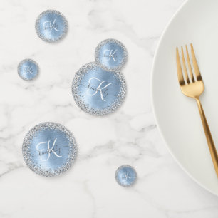 Blue Brushed Metal Silver Glitter Monogram Name Confetti