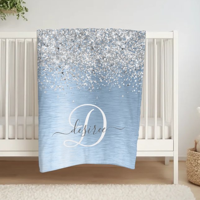 Blue Brushed Metal Silver Glitter Monogram Name Fleece Blanket (Creator Uploaded)