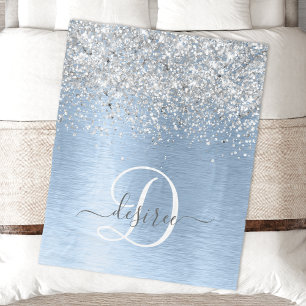 Blue Brushed Metal Silver Glitter Monogram Name Fleece Blanket
