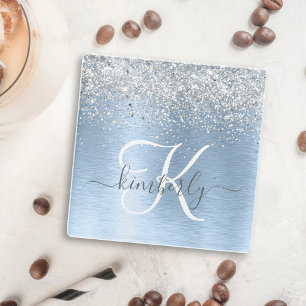 Blue Brushed Metal Silver Glitter Monogram Name Glass Coaster