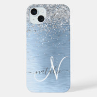Blue Brushed Metal Silver Glitter Monogram Name