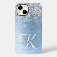 Blue Brushed Metal Silver Glitter Monogram Name