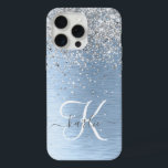 Blue Brushed Metal Silver Glitter Monogram Name iPhone 15 Pro Max Case<br><div class="desc">Easily personalise this trendy chic phone case design featuring pretty silver sparkling glitter on a blue brushed metallic background.</div>