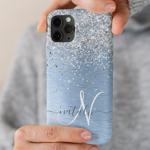 Blue Brushed Metal Silver Glitter Monogram Name iPhone 15 Pro Case