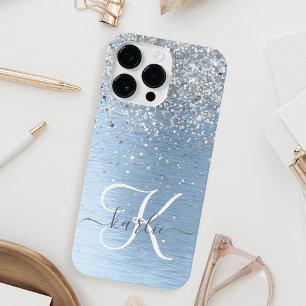 Blue Brushed Metal Silver Glitter Monogram Name iPhone 14 Pro Max Case