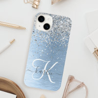 Blue Brushed Metal Silver Glitter Monogram Name