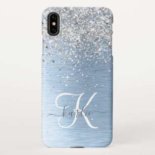 Blue Brushed Metal Silver Glitter Monogram Name iPhone Case