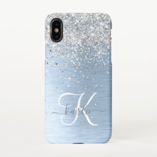 Blue Brushed Metal Silver Glitter Monogram Name iPhone Case