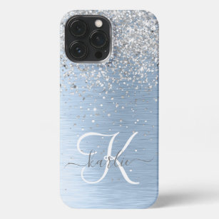 Blue Brushed Metal Silver Glitter Monogram Name iPhone 13 Pro Max Case