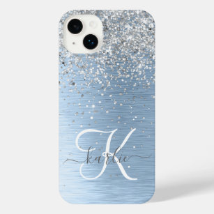Blue Brushed Metal Silver Glitter Monogram Name iPhone 14 Plus Case