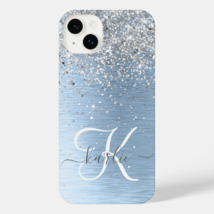 Blue Brushed Metal Silver Glitter Monogram Name iPhone 14 Plus Case