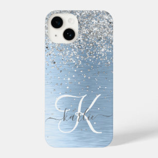 Blue Brushed Metal Silver Glitter Monogram Name iPhone 14 Case
