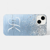 Blue Brushed Metal Silver Glitter Monogram Name iPhone Case (Back Horizontal)
