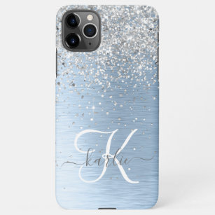 Blue Brushed Metal Silver Glitter Monogram Name iPhone 11Pro Max Case