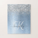 Blue Brushed Metal Silver Glitter Monogram Name Jigsaw Puzzle<br><div class="desc">Easily personalise this trendy chic puzzle design featuring pretty silver sparkling glitter on a blue brushed metallic background.</div>