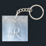 Blue Brushed Metal Silver Glitter Monogram Name Key Ring<br><div class="desc">Easily personalise this trendy chic keychain design featuring pretty silver sparkling glitter on a blue brushed metallic background.</div>