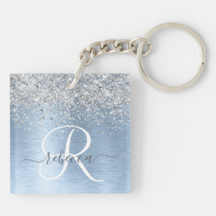 Blue Brushed Metal Silver Glitter Monogram Name Key Ring