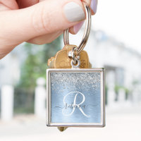 Blue Brushed Metal Silver Glitter Monogram Name