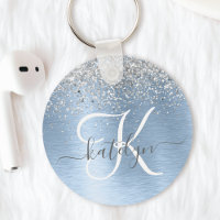 Blue Brushed Metal Silver Glitter Monogram Name