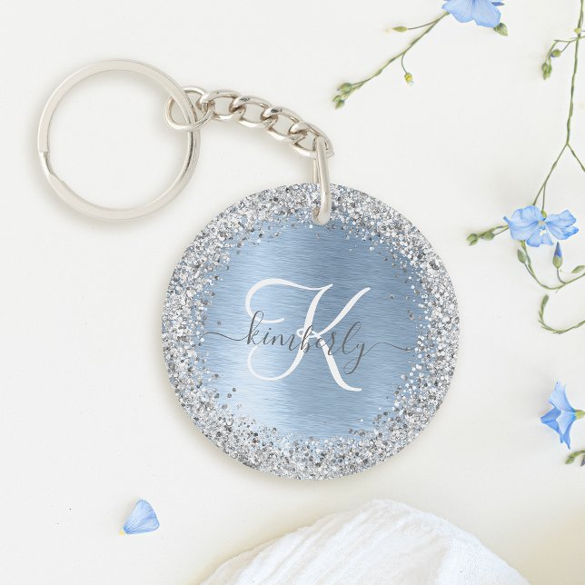 Blue Brushed Metal Silver Glitter Monogram Name Key Ring (Add some sparkle to your keys with this blue and silver monogram keychain.)