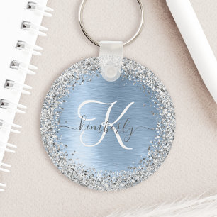 Blue Brushed Metal Silver Glitter Monogram Name Key Ring