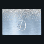 Blue Brushed Metal Silver Glitter Monogram Name Laminated Place Mat<br><div class="desc">Easily personalise this trendy chic placemat design featuring pretty silver sparkling glitter on a blue brushed metallic background.</div>
