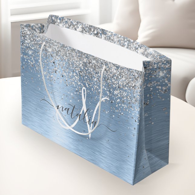 Blue Brushed Metal Silver Glitter Monogram Name Large Gift Bag (Creator Uploaded)