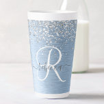 Blue Brushed Metal Silver Glitter Monogram Name Latte Mug<br><div class="desc">Easily personalise this trendy chic latte mug design featuring pretty silver sparkling glitter on a blue brushed metallic background.</div>