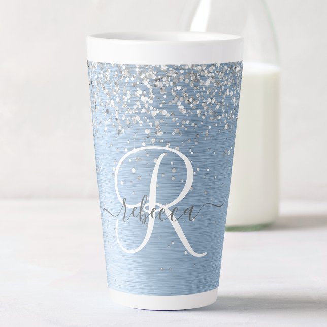 Blue Brushed Metal Silver Glitter Monogram Name Latte Mug (Creator Uploaded)