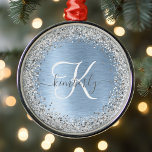 Blue Brushed Metal Silver Glitter Monogram Name Metal Ornament<br><div class="desc">Easily personalise this trendy chic snowflake framed Christmas ornament design featuring pretty silver sparkling glitter on a blue brushed metallic background.</div>