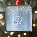 Blue Brushed Metal Silver Glitter Monogram Name Metal Ornament<br><div class="desc">Easily personalise this trendy chic ornament design featuring pretty silver sparkling glitter on a blue brushed metallic background.</div>