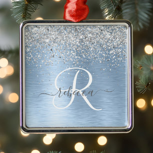 Blue Brushed Metal Silver Glitter Monogram Name Ornament