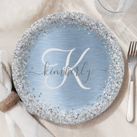 Blue Brushed Metal Silver Glitter Monogram Name