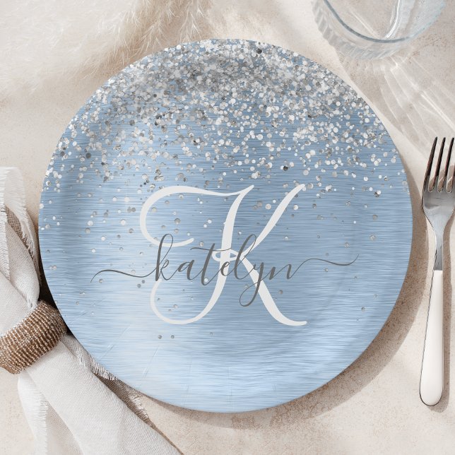 Blue Brushed Metal Silver Glitter Monogram Name Paper Plate (Creator Uploaded)