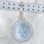 Blue Brushed Metal Silver Glitter Monogram Name Pet Tag<br><div class="desc">Easily personalise this trendy chic pet ID tag design featuring pretty silver sparkling glitter on a blue brushed metallic background.</div>