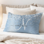 Blue Brushed Metal Silver Glitter Monogram Name Pillowcase<br><div class="desc">Easily personalise this trendy chic pillow case design featuring pretty silver sparkling glitter on a blue brushed metallic background.</div>