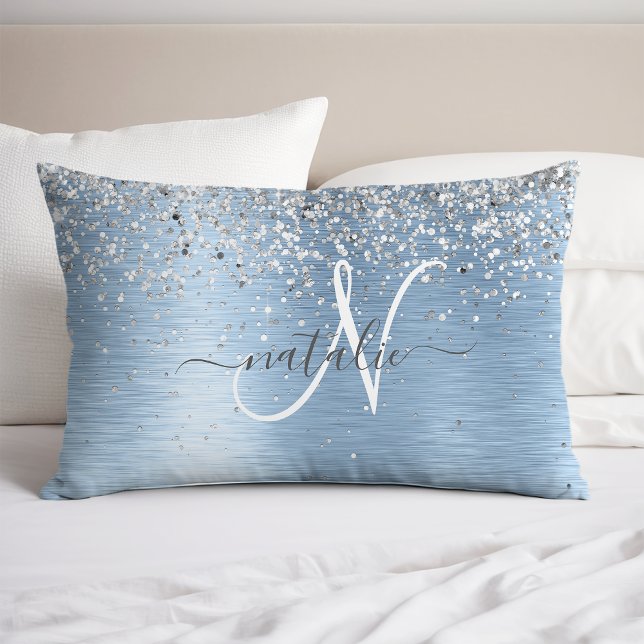 Blue Brushed Metal Silver Glitter Monogram Name Pillowcase (Creator Uploaded)
