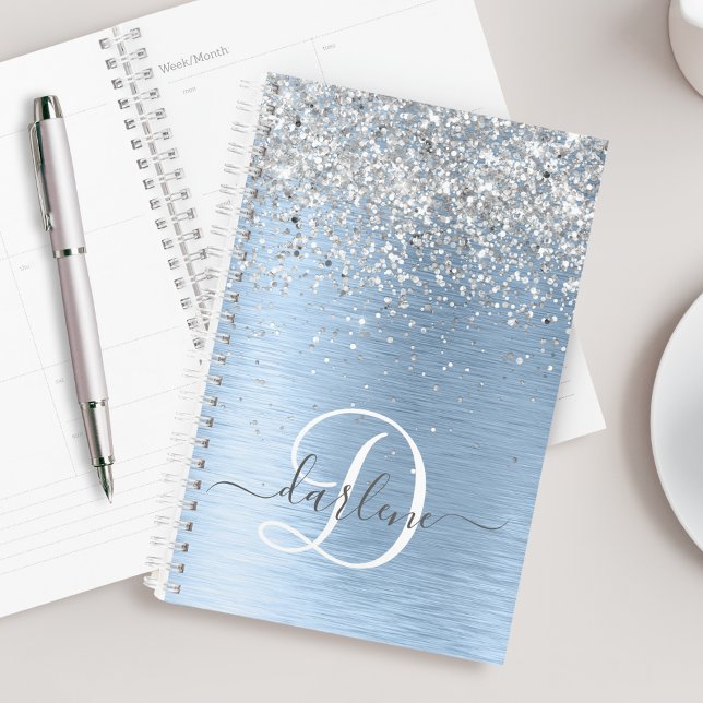 Blue Brushed Metal Silver Glitter Monogram Name  Planner (Creator Uploaded)