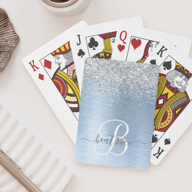 Blue Brushed Metal Silver Glitter Monogram Name Playing Cards (Creator Uploaded)