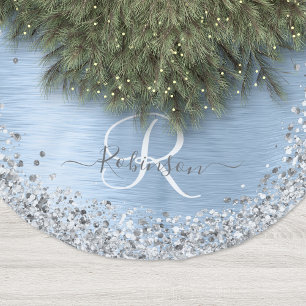 Blue Brushed Metal Silver Glitter Monogram Name Polyester Tree Skirt