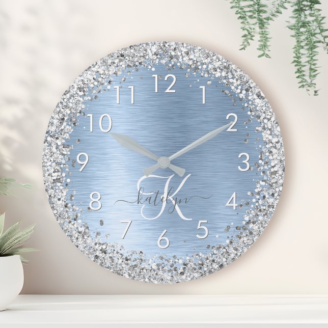 Blue Brushed Metal Silver Glitter Monogram Name Round Clock (Creator Uploaded)
