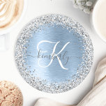 Blue Brushed Metal Silver Glitter Monogram Name Round Paper Coaster<br><div class="desc">Easily personalise this trendy chic coaster design featuring pretty silver sparkling glitter on a blue brushed metallic background.</div>