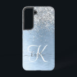 Blue Brushed Metal Silver Glitter Monogram Name Samsung Galaxy Case<br><div class="desc">Easily personalise this trendy chic phone case design featuring pretty silver sparkling glitter on a blue brushed metallic background.</div>